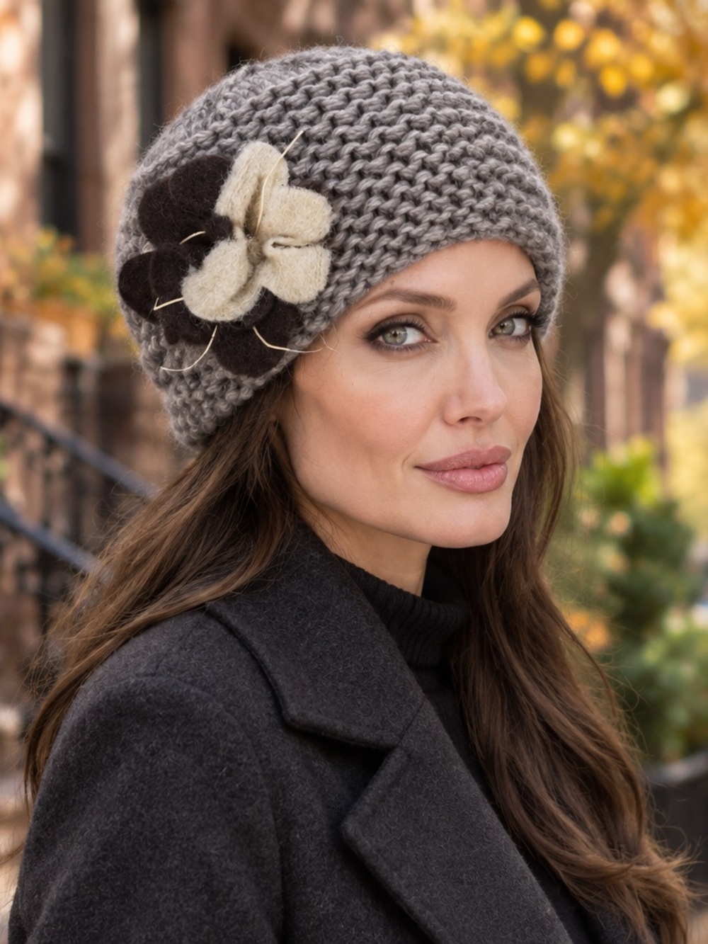 Gelso Bianco Women’s Gray Alpaca Knit Women's Hat with Floral Accent